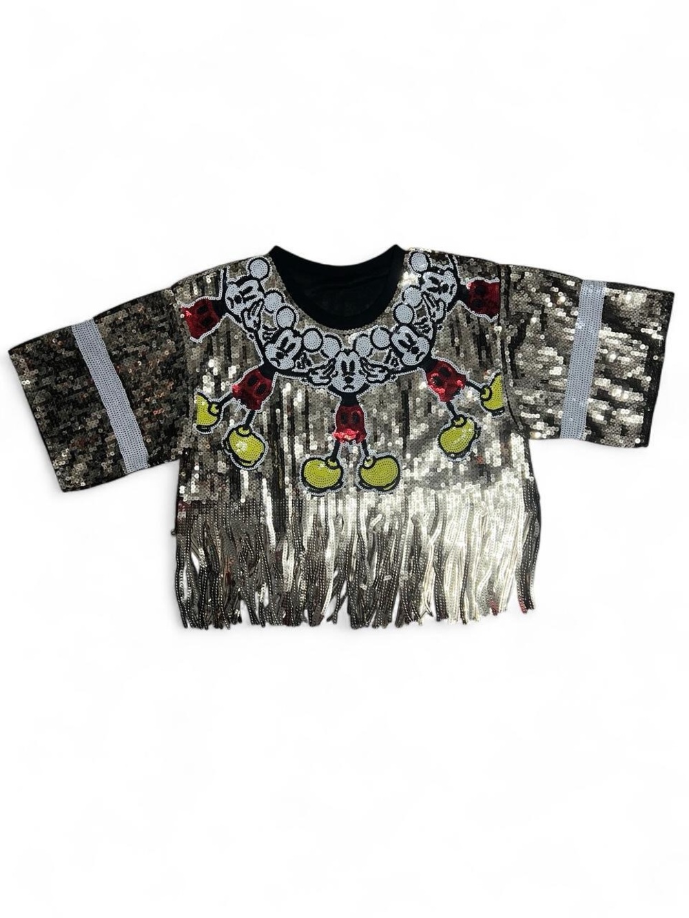 Sequin Fringe Short Sleeve Tee in Silver with Playful Graphic